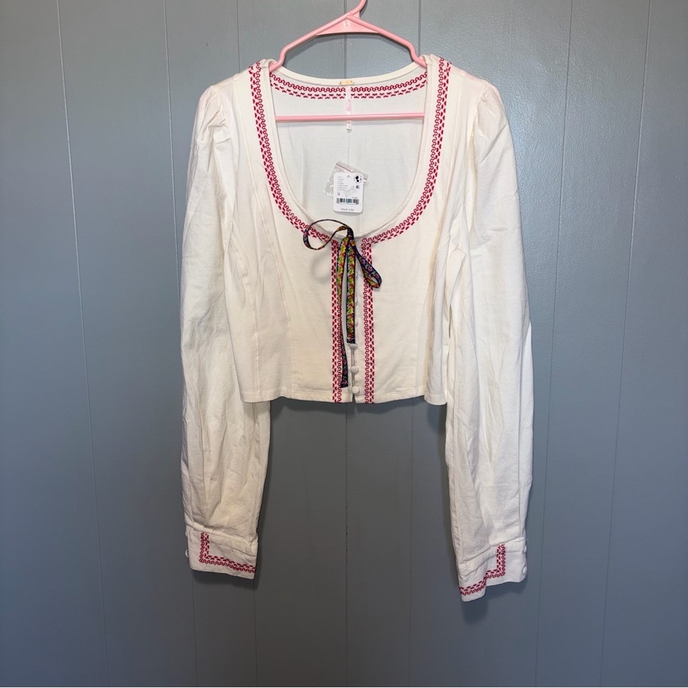 Free People Mada Embroidered Ivory Long Sleeve Scoop Neck Peasant Top Medium NWT - Picture 2 of 8